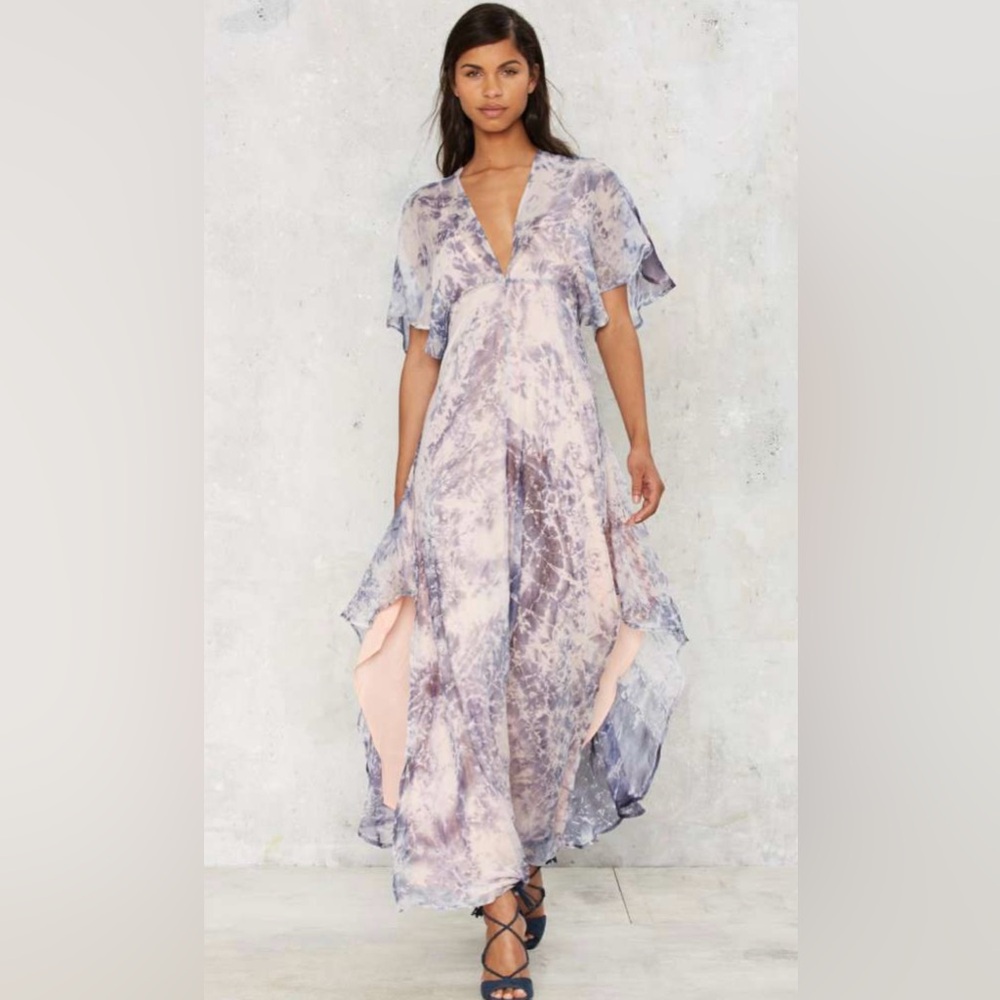 FOXIEDOX Purple Tie Dye Maxi Asymmetrical Dress Flowing Cap Sleeves Size S Boho - Picture 2 of 12